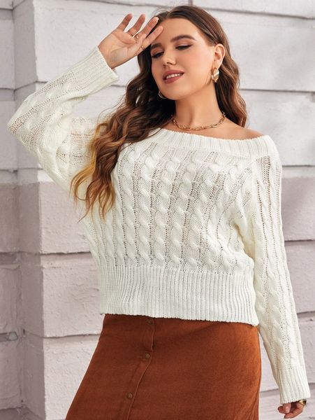 

plus cable knit sweater z6zz#, Black