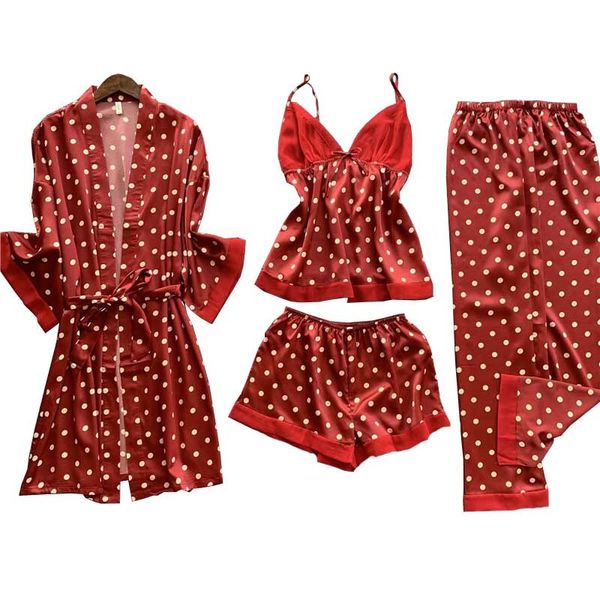 

women's sleepwear spring & summer new ladies pajamas set dot printed soft ice-silk 4pcs women v-neck robes full sleeve thin s, Black;red
