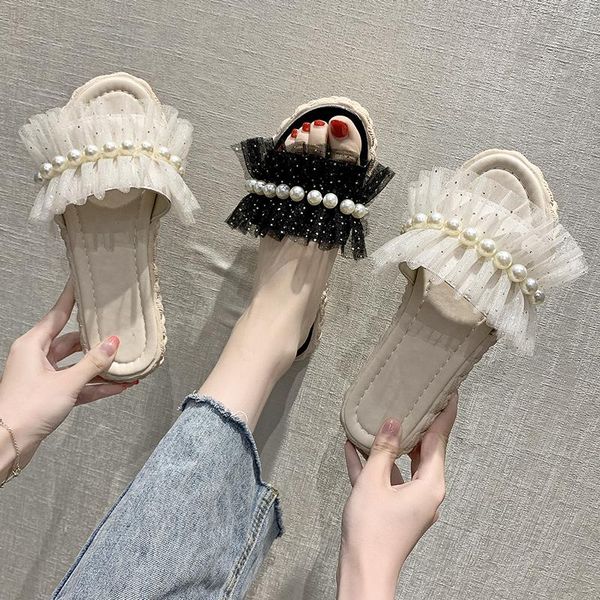 

slippers shoes house platform slides fashion string bead med slipers women flat luxury summer soft 2021 pu rubber ladies', Black
