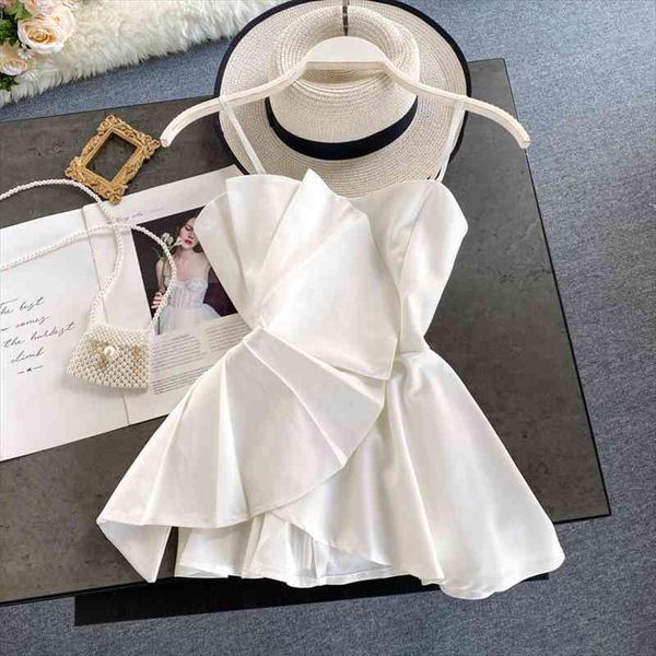 

summer womens blouse korean style solid color ruffled irregular sling shirt pleated waist sling blouse ll957, White