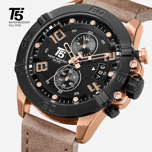 

rose gold leather strap brand t5 luxury black man quartz chronograph waterproof mens men watch sport watches wristwatches, Slivery;brown