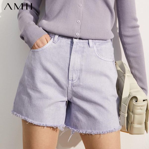

amii minimalism summer women's shorts fashion 100%cotton solid high waist loose causal women 12140028 jeans, Blue