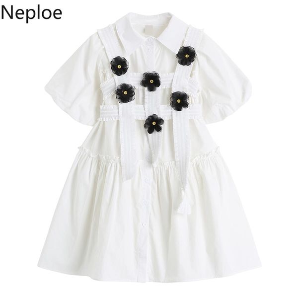 NEPLOE Moda Elegante Branco Mini Vestido Mulheres 3d Flor Design Vestido Verão Verão Manga Curta Doce Vestidos Coreano Vestidos Bonitos 210422