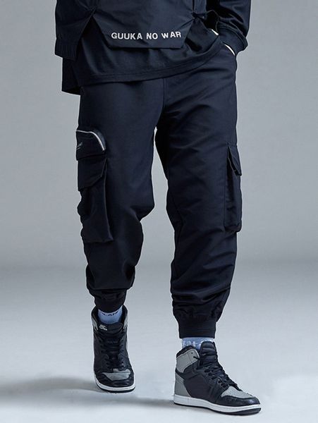 

men slogan graphic utility pocket drawstring waist cargo pants 26ac#, Black