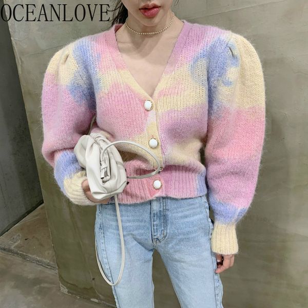 

puff sleeve women cardigans tie dye v neck korean fashion sweaters elegant chic mujer chaqueta 18053 210415, White;black