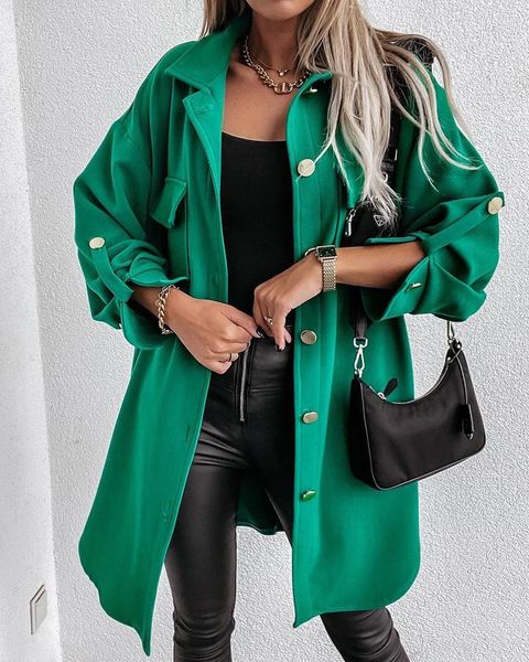 

women's jackets long sleeve buttoned pocket design shacket, Black;brown