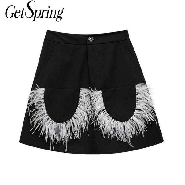 

getspring women skirt feathers patchwork color matching short skirts s vintage high waist summer 210601, Black