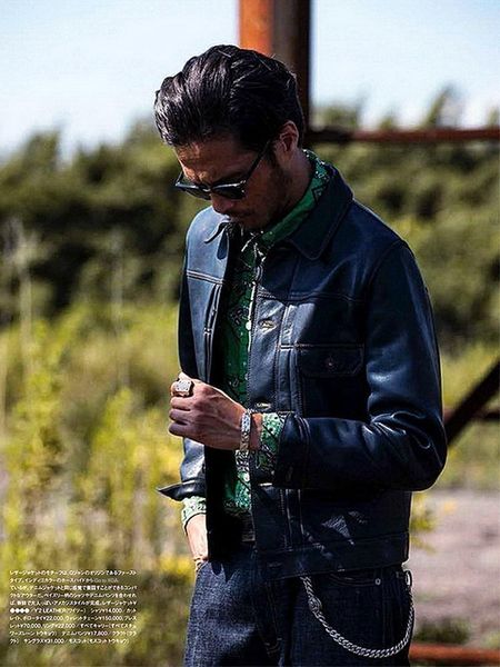 

men's leather & faux blue dyed genuine japanese fetal cowhide tanned contrasting color line 507x denim man jacket, Black
