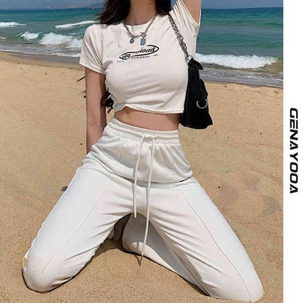 

genayooa two short sleeve 2 pieces set and pants causal slim women tracksuits korean style suits 210417, White