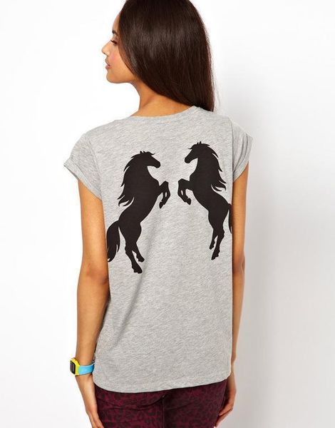 

o neck short sleeve women t shirts loose tee camisetas mujer summer back double horse pattern printed grey, White