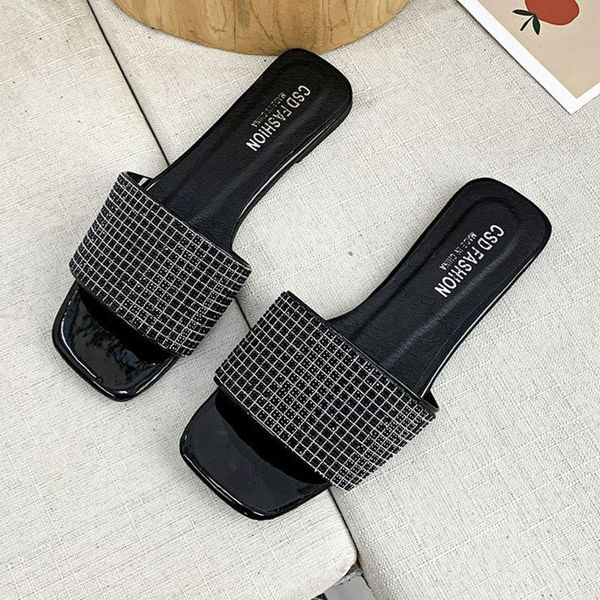 

slippers 2021 rhinestone women shoes woman fashion flip flop wild shoe diamond flat bottom outdoor sandals, Black