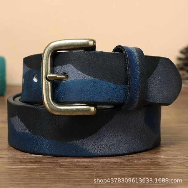 

camouflage pure cowhide belt for male students korean style trendy young personality genuine leather retro female brass buckle denim belt no, Black;brown