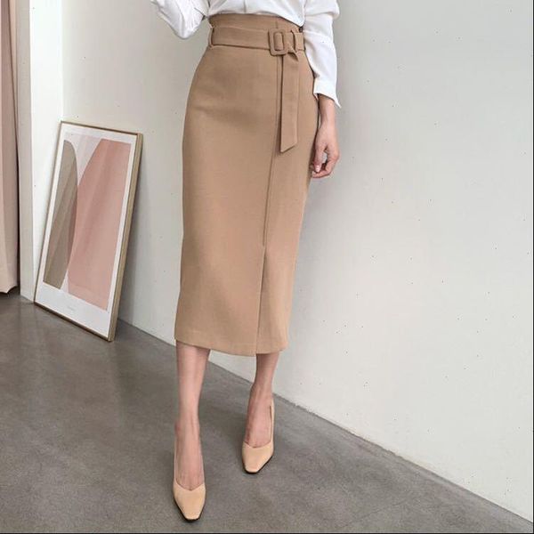 

women skirts autumn winter fashion with belt female slim package hip ladies high waist midi m280, Black