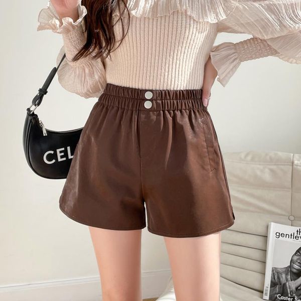 

women's shorts oneimirry leather women autumn winter 2021 elastic high waist wide legs casual female pu brown fashon buttons, White;black