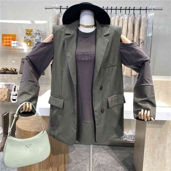 

layout niche design three-dimensional letters double-shoulders t-shirt + temperament suit jacket, Black;brown