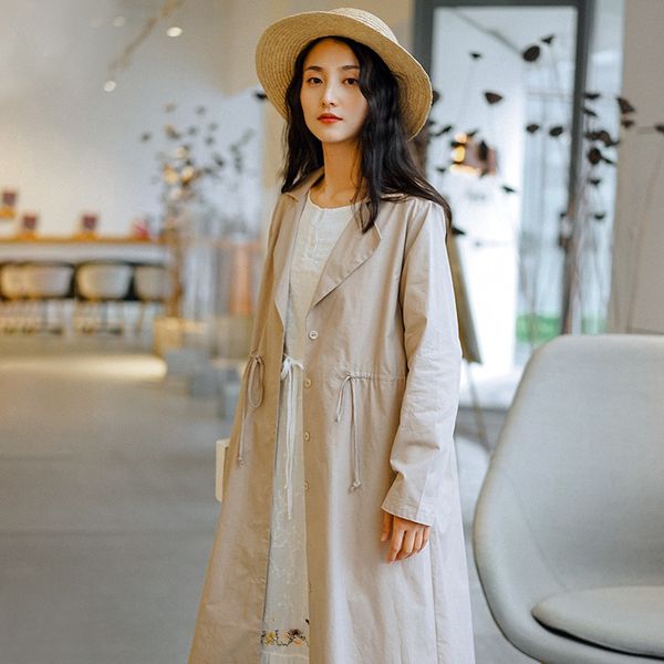 

johnature women fashion trench button coats spring turn-down collar belt solid color women casual trench coats 210521, Tan;black