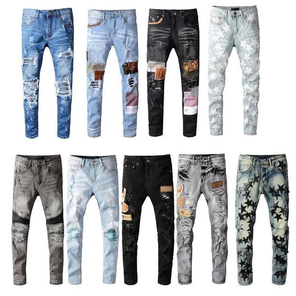 

23ss s hip-hop high street fashion brand jeans retro torn fold stitching men's digner motorcycle riding slim jeanss size 28~40, Blue