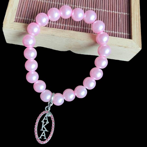 

beaded, strands handmade greek sorority elastic line pink pearl ellipse to hollow out letter charm bracelet women jewelry, Black