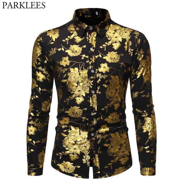 Men's Golden's Golden Luxo Design Vestido Camisas Autumn Slim Fit Botão Down Flowered Impresso Festa Elegante Clube Camisa S-XL 210522