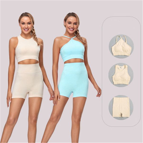 

women seamless yoga sports tracksuits fashion trend running high waist short bra shorts skinny suits female spring fitness slim sets, Gray