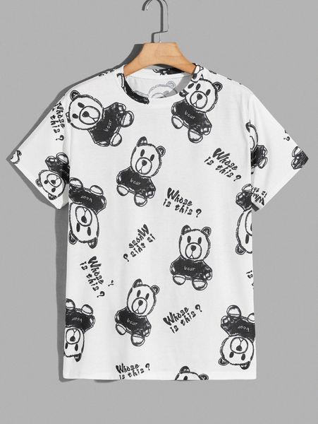 

men random slogan & bear print tee g04a#, White;black