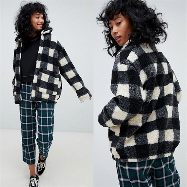 

chess jacket for fashionable women lets down collar wool pocket streetwear teddy coat, Black;brown