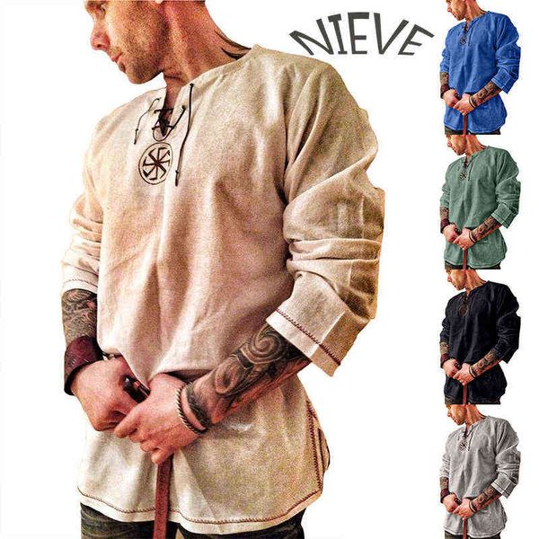 

men linen long sleeve shirts men plus size shirt ancient viking embroidery lace up shirt long sleeve for men clothing#g w220216, White;black