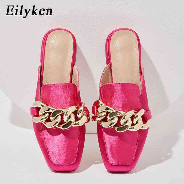 

slippers eilyken new spring mule square toe flat heel slides brand metal buckle slip on casual slipper ladies shoes women sandals220308, Black