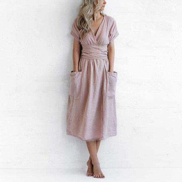 

factoryr3fh sleeve 2021 spring / v-neck summer women's short pocket solid loose linen dress, White;black