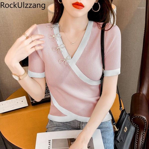 

women's t-shirt rhinestone diamond bow contrast v neck stretch knit bodycon women summer elegant t shirt fashion tee aesthetic, White