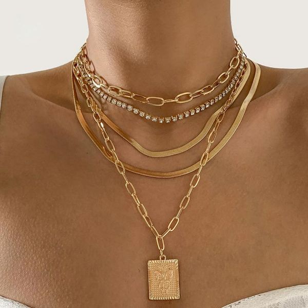 

pendant necklaces boho square butterfly necklace women's retro flat snake chain shiny rhinestone hollow cross set girl jewelry, Silver