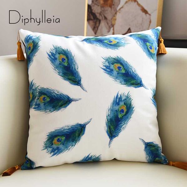 

diphylleia 2021 luxury peacock feathers print art pillowcase retro fringes cushion cover pillow velvet case tassel