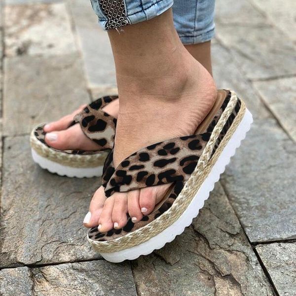 

wedges slippers women 2021 leopard weave shoes platform sandals summer woman roman casual flip flops, Black