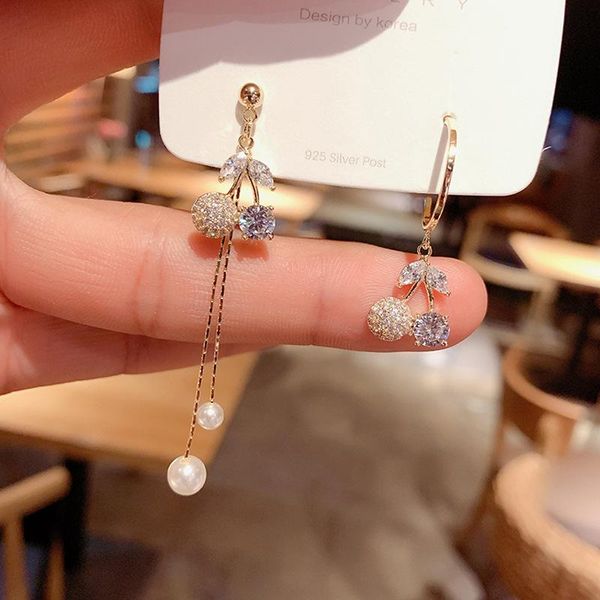 

stud korean earrings fashion jewelry asymmetric cherry tassel sweet crystal statement for women, Golden;silver