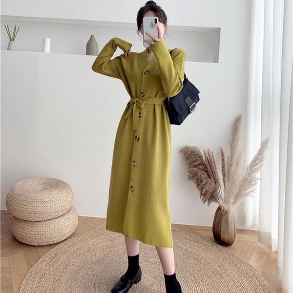 

casual dresses 2021 women spring autumn fashion solid sweater vestidos female long v-neck ladies soft knitted straight q683, Black;gray