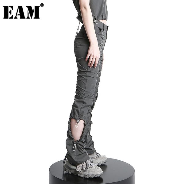 

[eam] high elastic waist gray pleated hollow out long trousers loose fit pants women fashion spring autumn 1dd7674 210512, Black;white