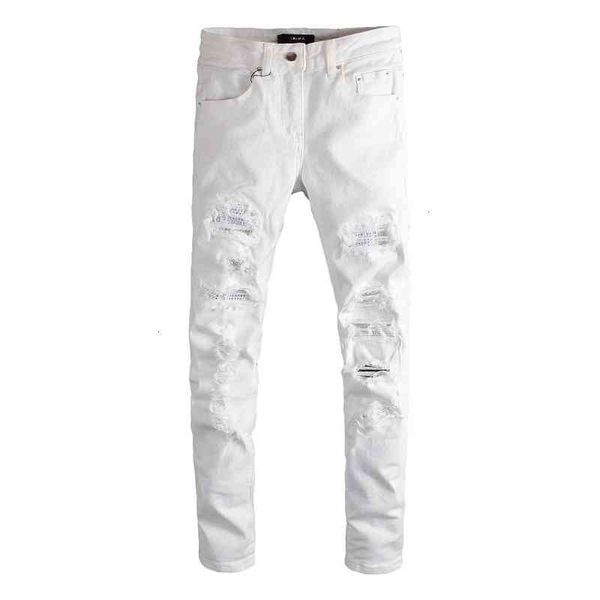

high am white 625 new street hole studded jeans men's patch elastic slim, Blue