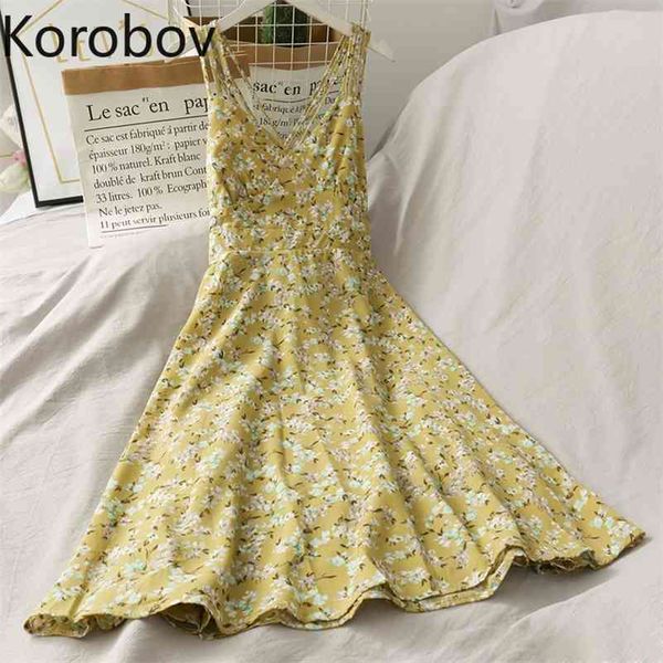 

korobov summer sweet print spaghetti strap dress korean a-line beach style female dresses chic backless robe femme 210430, Black;gray