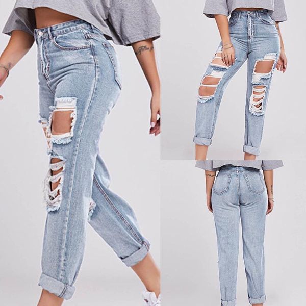 

spring 2021 loose tight fitting flares ankle denim pants summer cropped oversized hollow out trousers women's jeans, Blue