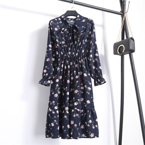 

spring summer chiffon dress women casual midi bow vintage floral print dresses sundress vestidos dropshiping 210514, Black;gray