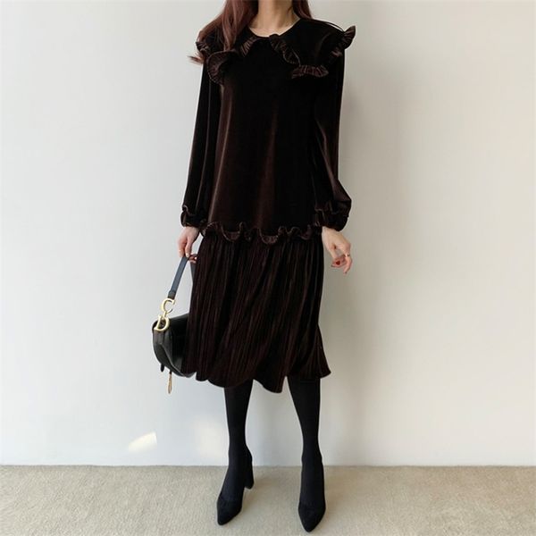 

autumn and winter temperament wood ears large lapel pleated stitching hem mid-length velvet dress women hk182 210507, Black;gray