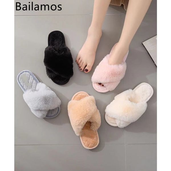 

slippers bailamos winter women slipper house warm plush fur slides non-slip indoor home shoes flat heel casual female furry flip f, Black
