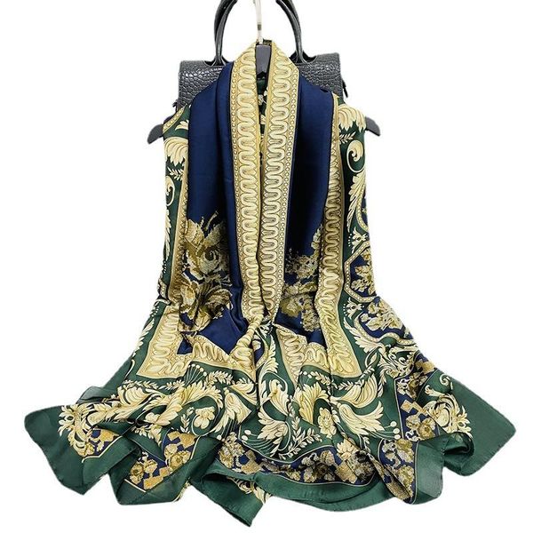 

scarves summer luxury beautiful brocade big shawl women's printed sunscreen beach towel hijab soft silk handkerchief female 180*90cm, Blue;gray