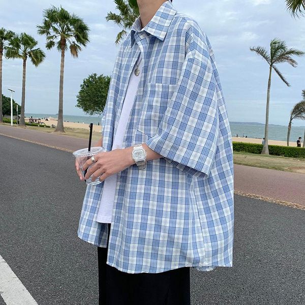 

men's casual shirts 2021 summer listing plaid shirt short-sleeved brand ins japanese loose three-quarter sleeve trend green, White;black