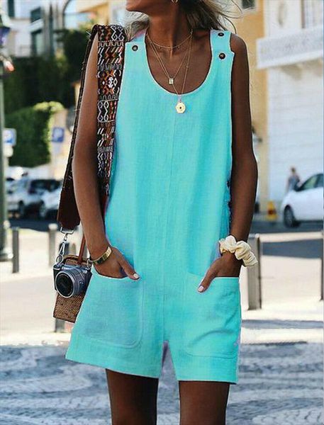 

bodysuit dungarees linen harem womens rompers o neck sleeveless strap pockets solid loose jumpsuit baggy overall casual playsuit, Black;white