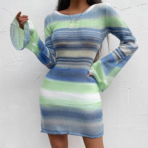

casual dresses 2021 autumn fashion women mini dress flare sleeve o-neck hollow out ladies sweater striped backless cute aesthetic cloth, Black;gray