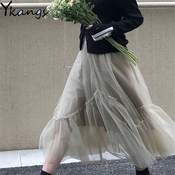 

black solid color ruffles pleated skirt students women elastic high waist mesh tulle skirt korean chic summer autumn long skirt 210619