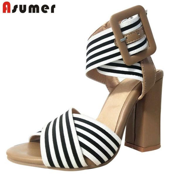 

dress shoes asumer 2021 european style women sandals stripe buckle square high heels party prom fashion ladies big size 43, Black