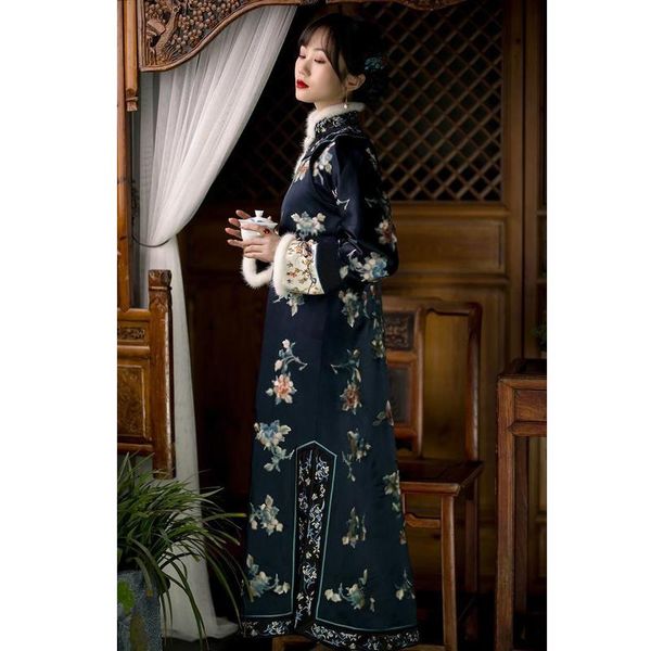 

ethnic clothing 2021 winter imitation chinese qing dynasty antique clothes ruyi lapel ancient thermal padded cotton improved cheongsam dress, Red