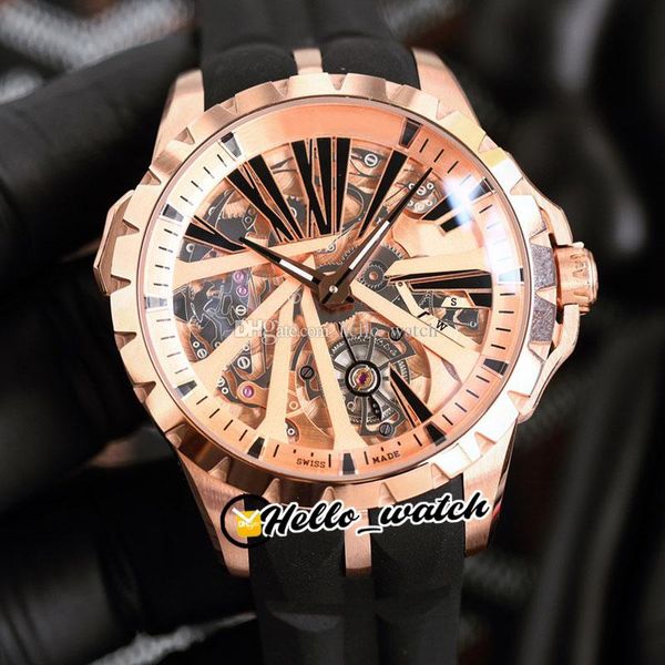 

excalibur 46 46mm rddbex0256 dbex0668 automatic mens watch skeleton dial gold inner rosegold case black rubber strap sport watches hwrd hell, Slivery;brown